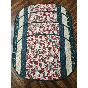 New 4 Piece Set Handmade Quilted Reversible Santa Oval Placemats 18" X 13"
